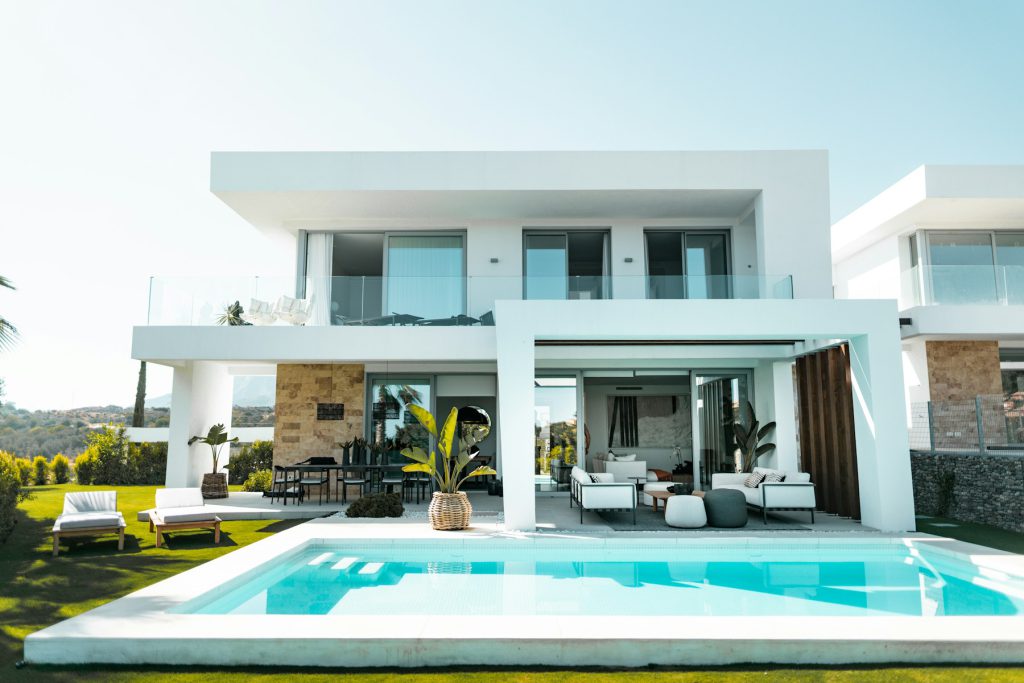 Modern villa exterior with pool, Portugal