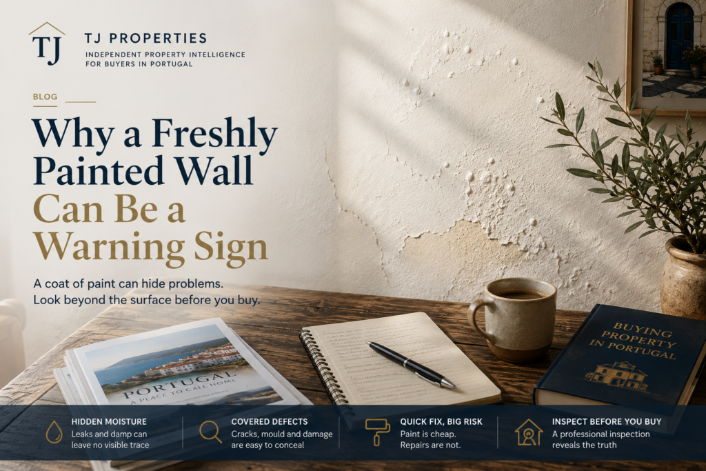 Article header: a cracked, freshly painted wall beside a notebook and a book on buying property in Portugal